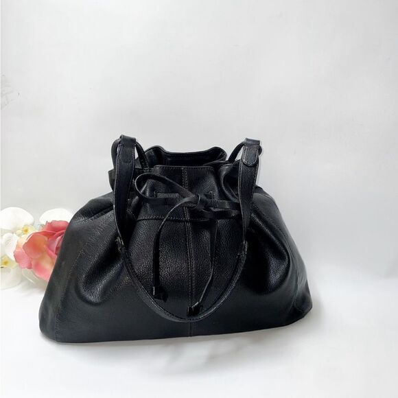 Beautiful! J. Jill Black Leather Drawstring Hobo Bag Large - Picture 8 of 12